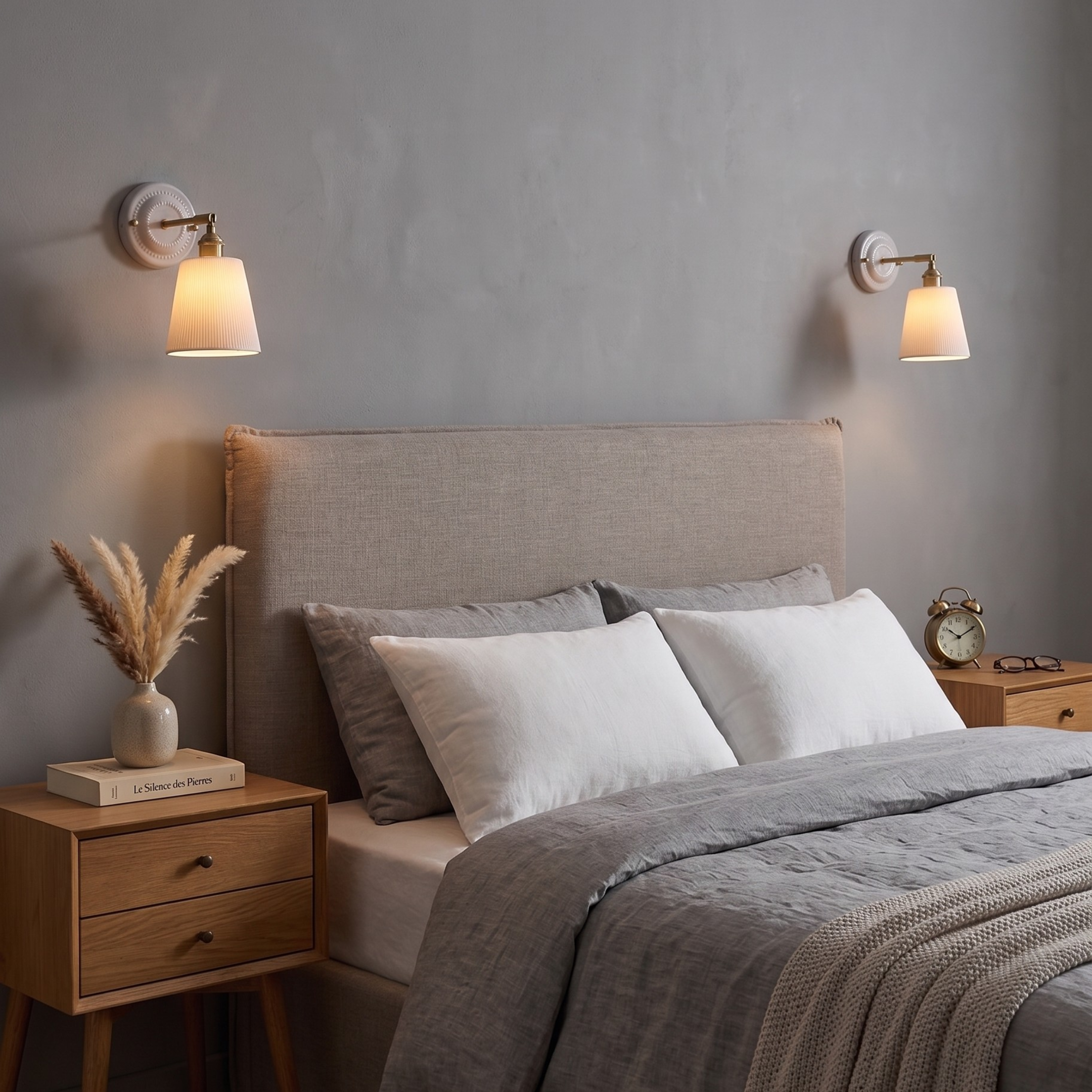 Appliques murales en céramique et cuivre allumées de part et d'autre d'une tête de lit – Ambiance Éclat
