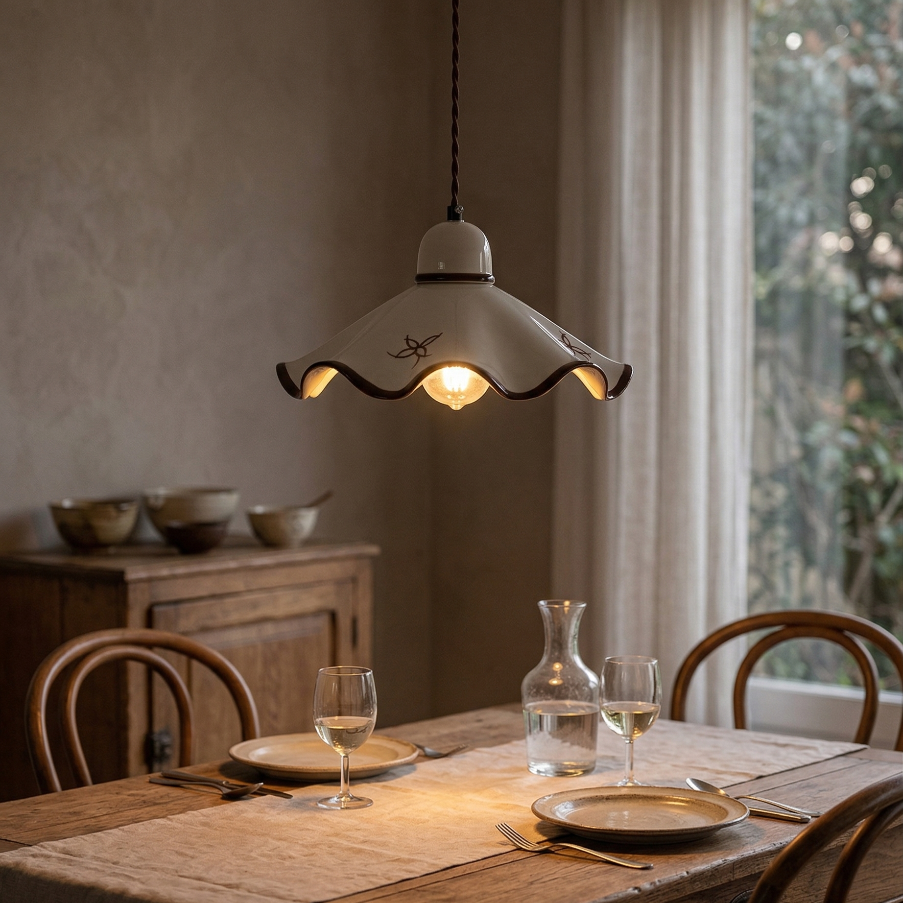 Suspension en céramique blanche allumée au-dessus d'une table dans un intérieur chaleureux – Ambiance Éclat