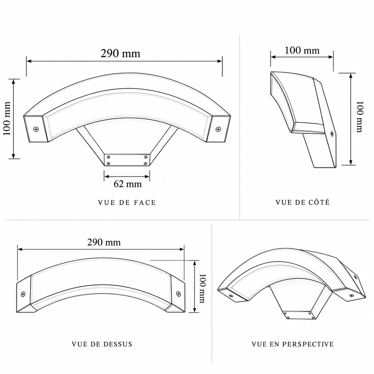 Plans cotés de l'applique d'extérieur CRESTA : 290 mm de large sur 100 mm de haut, vues de face, de côté, de dessus et en perspective – Ambiance Éclat Image