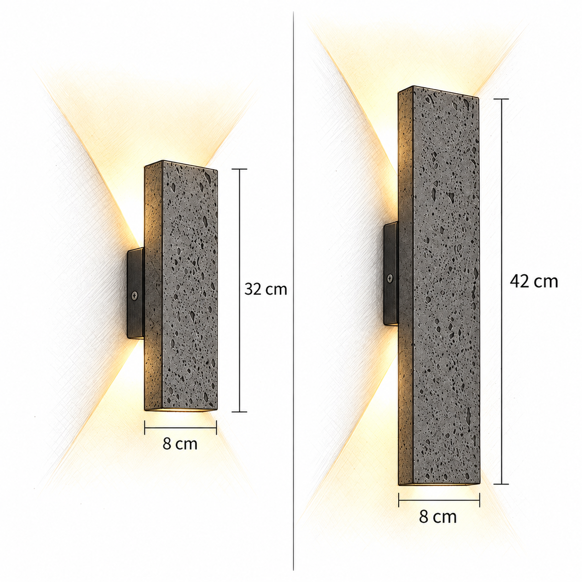 Schéma coté de l'applique d'extérieur ETNA : 32 et 42 cm de haut pour 8 cm de large – Ambiance Éclat Image