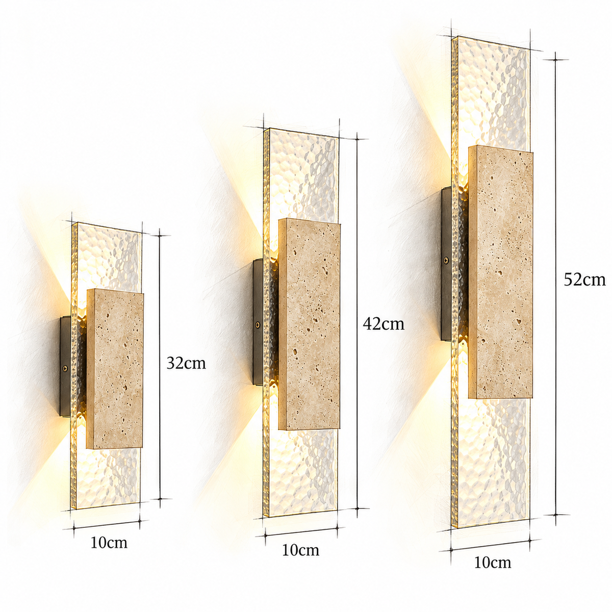 Schéma coté des trois tailles de l'applique d'extérieur OSTIA : 32, 42 et 52 cm de haut pour 10 cm de large – Ambiance Éclat Image