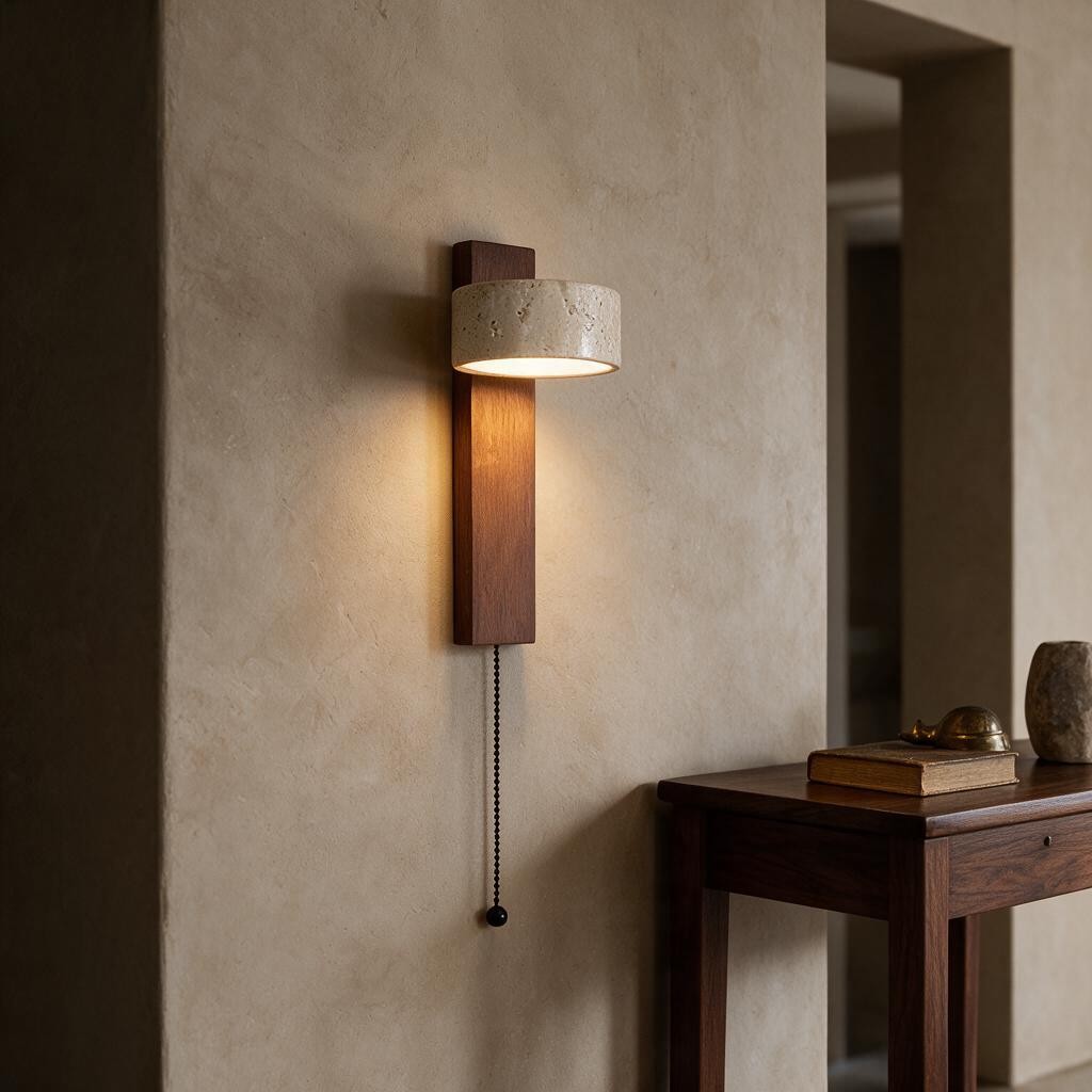 Applique murale en pierre et bois noyer KIRI allumée sur un mur beige, au-dessus d'une table en bois – Ambiance Éclat