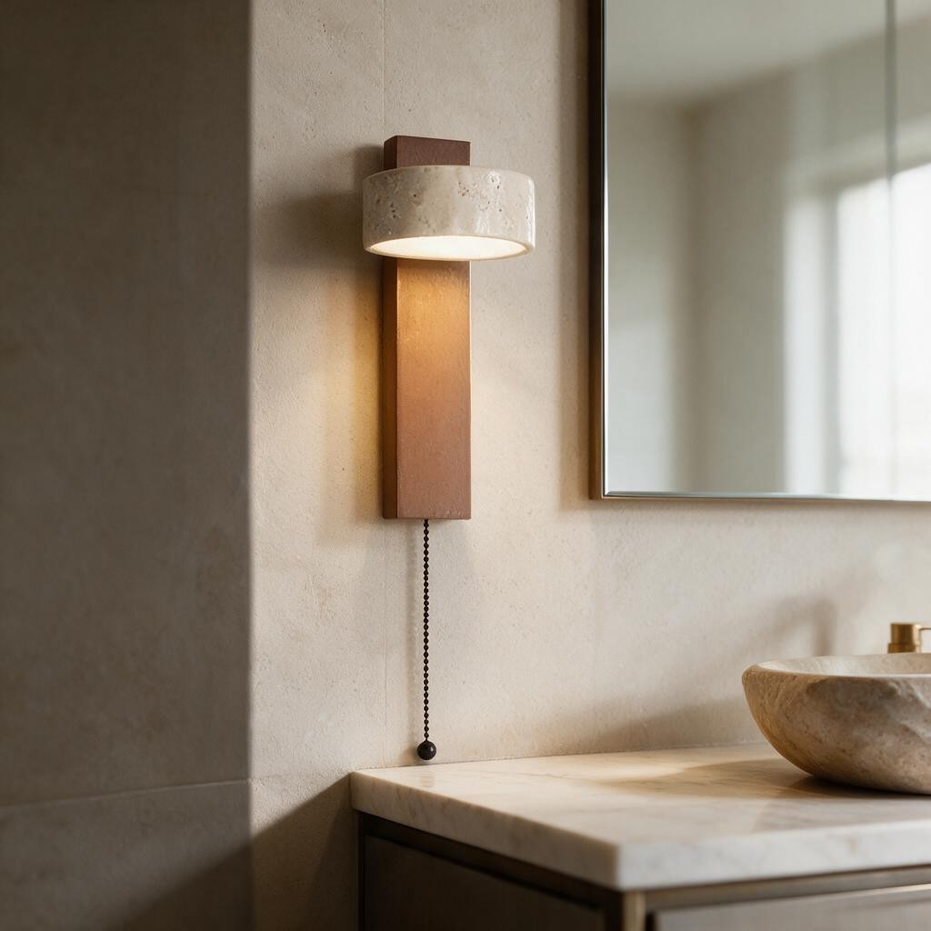 Applique murale en pierre et bois noyer KIRI allumée dans une salle de bain, près d'un miroir et d'une vasque – Ambiance Éclat
