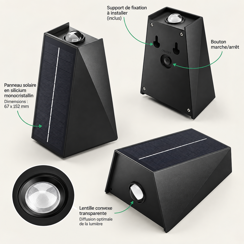Détails de l'applique solaire HELIA : panneau solaire, support de fixation, bouton marche/arrêt et lentille convexe – Ambiance Éclat