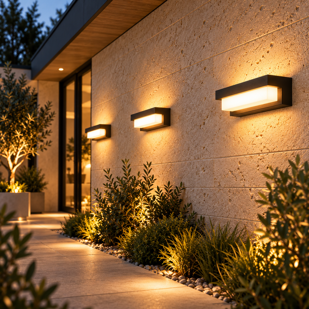 Trois appliques murales solaires NOTTE éclairant une allée de jardin à la tombée de la nuit – Ambiance Éclat