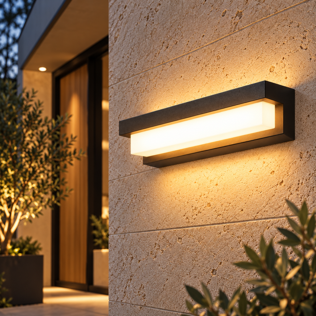 Applique murale solaire NOTTE éclairant l'entrée d'une maison, près d'une porte en bois – Ambiance Éclat