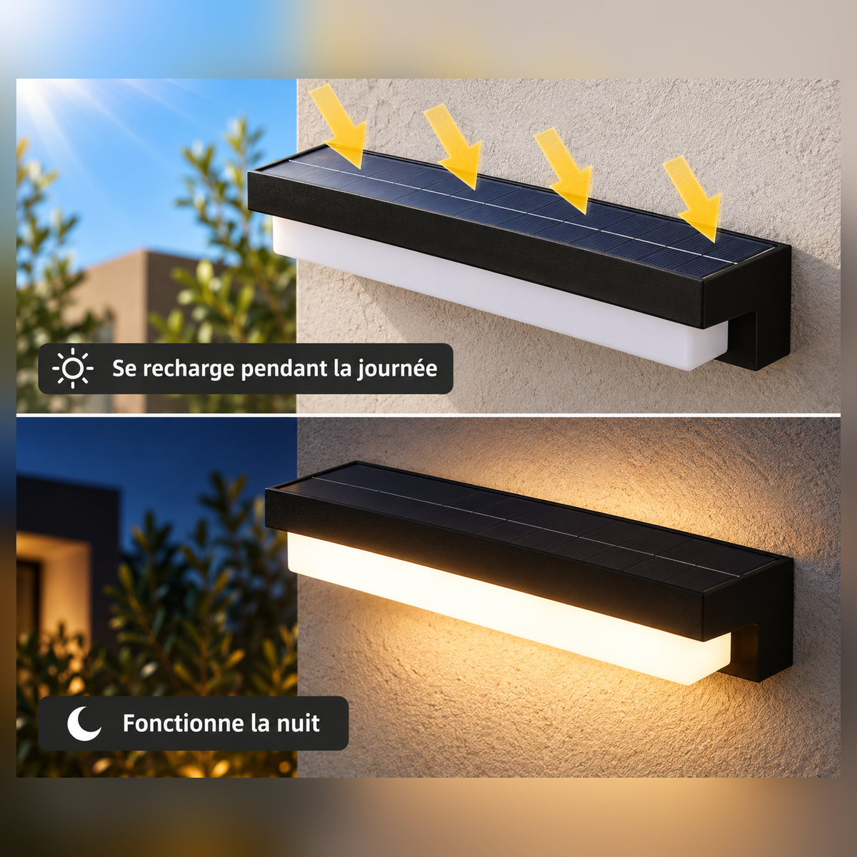 Fonctionnement de l'applique solaire NOTTE : recharge par le panneau solaire dans la journée, éclairage la nuit – Ambiance Éclat