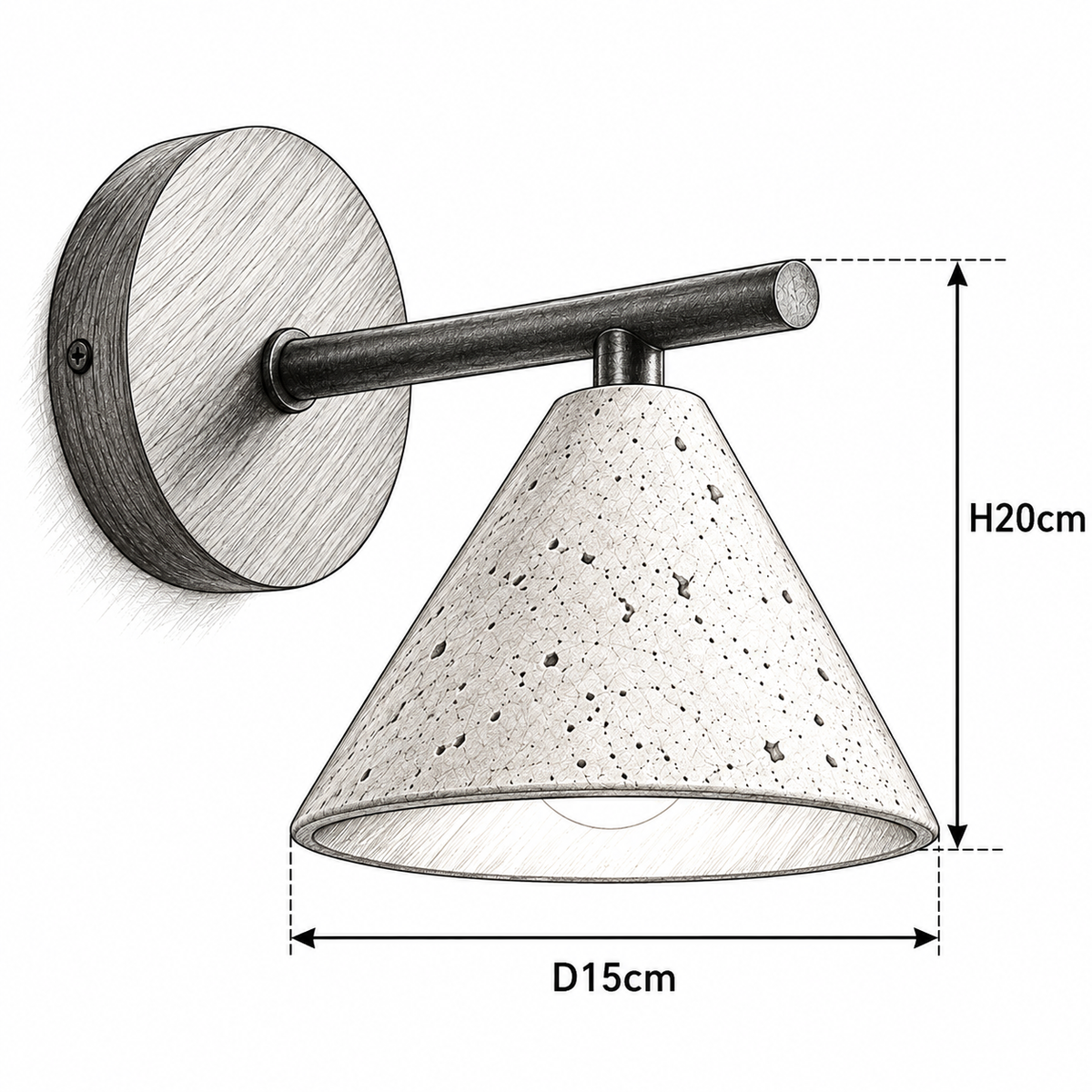 Schéma coté de l'applique murale HANA : abat-jour conique Ø 15 cm sur 20 cm de haut – Ambiance Éclat Image