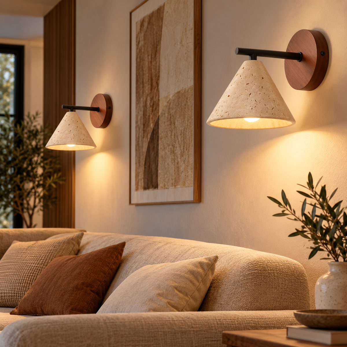 Deux appliques murales en travertin et bois HANA de part et d'autre d'un cadre, dans un salon beige – Ambiance Éclat