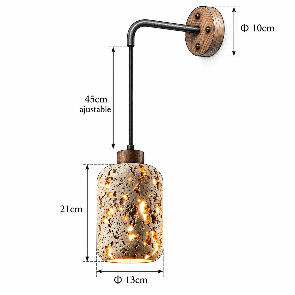 Schéma coté de l'applique murale en travertin CAVA : abat-jour Ø 13 cm sur 21 cm, bras de 45 cm ajustable, platine Ø 10 cm – Ambiance Éclat Image