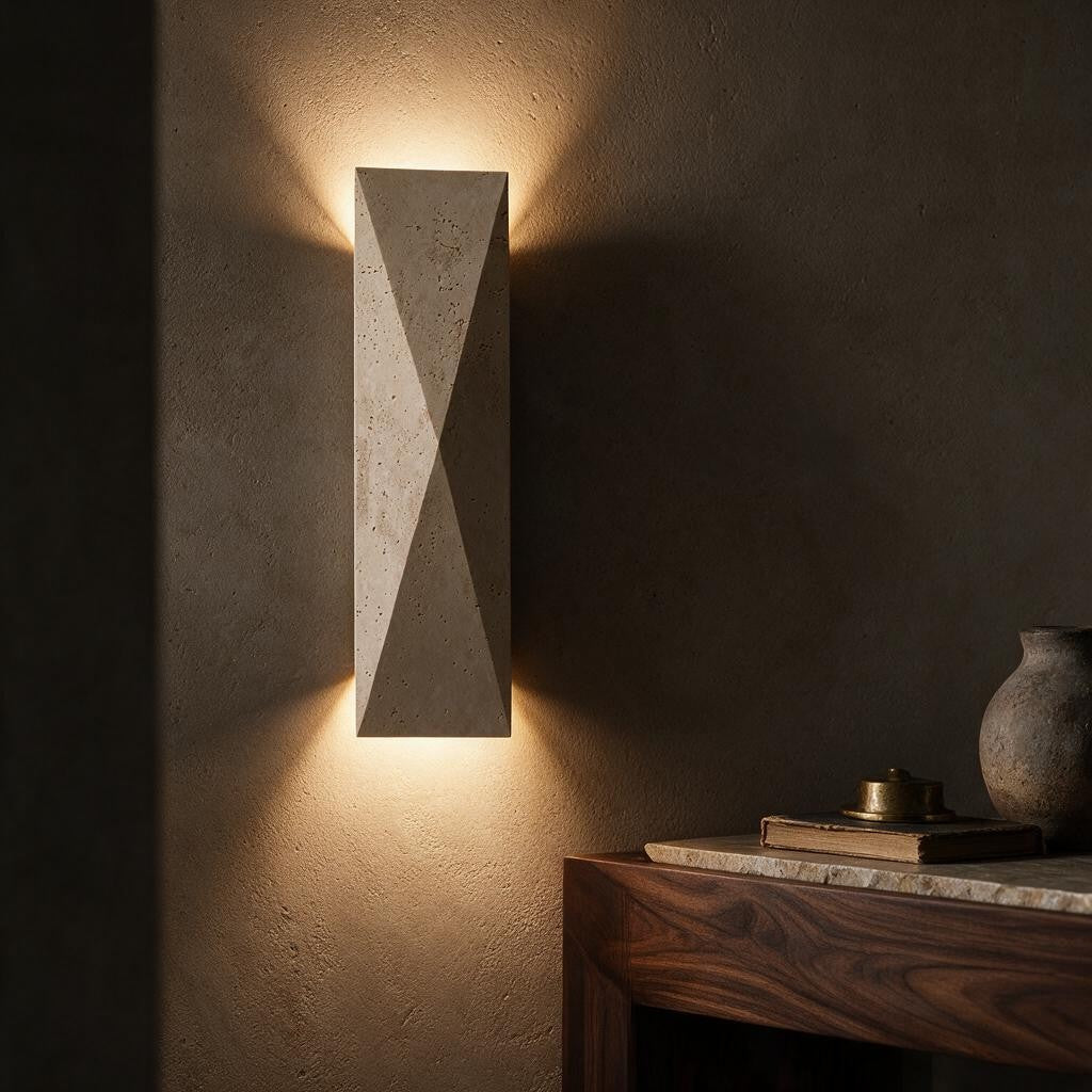 Applique murale en travertin HARU diffusant sa lumière vers le haut et vers le bas sur un mur sombre – Ambiance Éclat