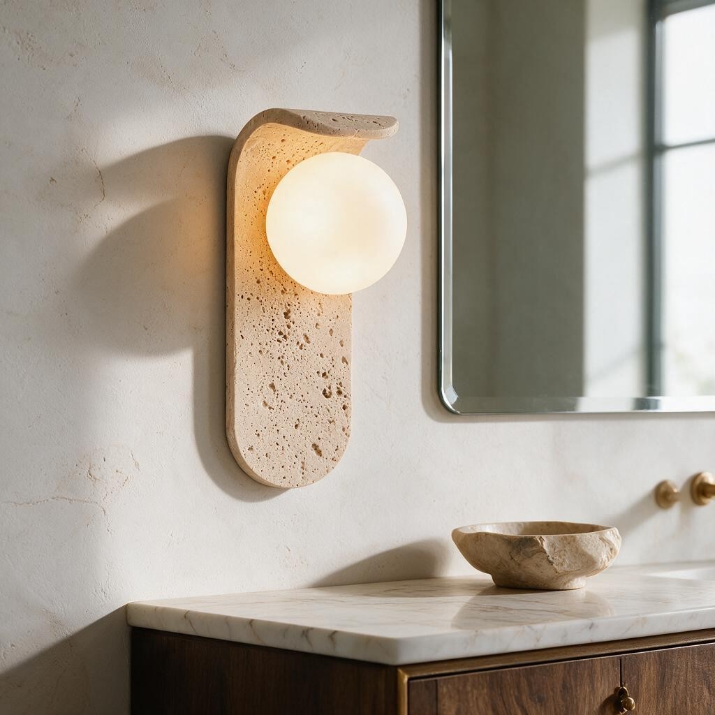 Applique murale en travertin NINFA à globe opalin allumée dans une salle de bain, à côté d'un miroir – Ambiance Éclat
