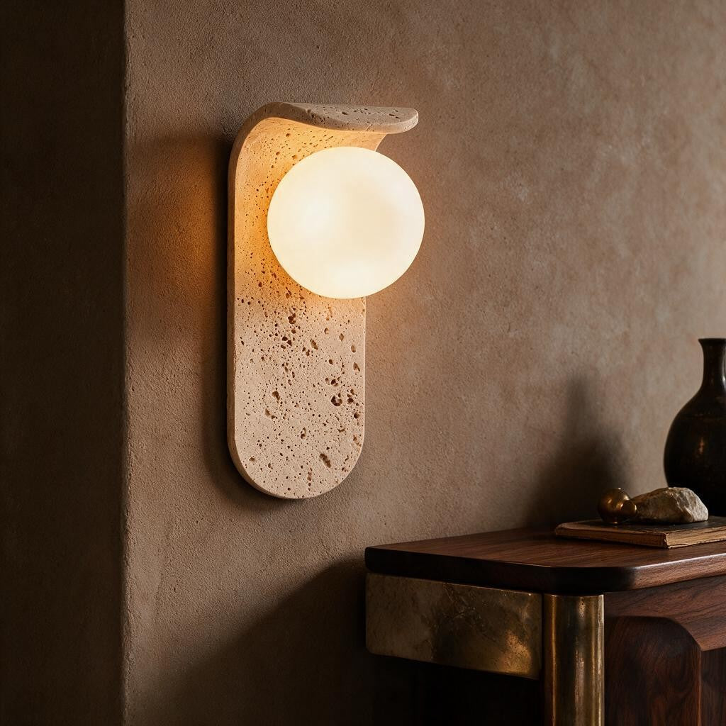 Applique murale en travertin NINFA allumée sur un mur terracotta, au-dessus d'une console en noyer – Ambiance Éclat