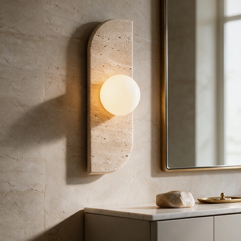 Applique murale en travertin OPALE à un globe allumée dans une salle de bain, près d'un miroir doré – Ambiance Éclat