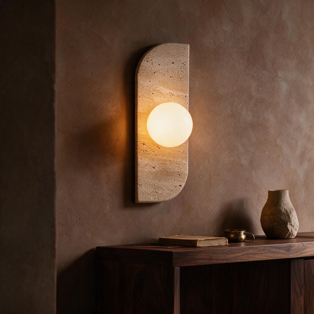 Applique murale en travertin OPALE à un globe éclairant un mur brun au-dessus d'une console en noyer – Ambiance Éclat