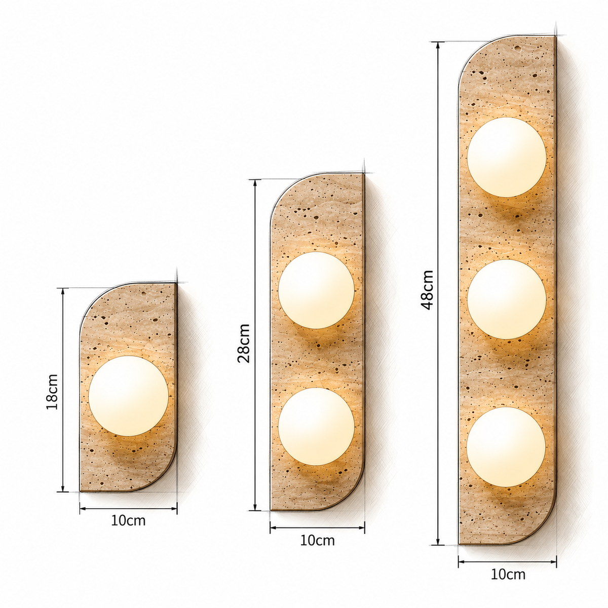 Schéma coté des trois versions de l'applique OPALE : 18, 28 et 48 cm de haut pour 10 cm de large – Ambiance Éclat Image