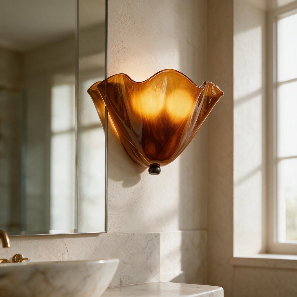 Applique murale en verre ambre ONDA dans une salle de bain lumineuse, au-dessus d'une vasque – Ambiance Éclat