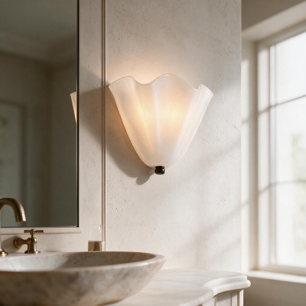 Applique murale en verre blanc ONDA dans une salle de bain claire, près d'un miroir et d'une vasque en pierre – Ambiance Éclat