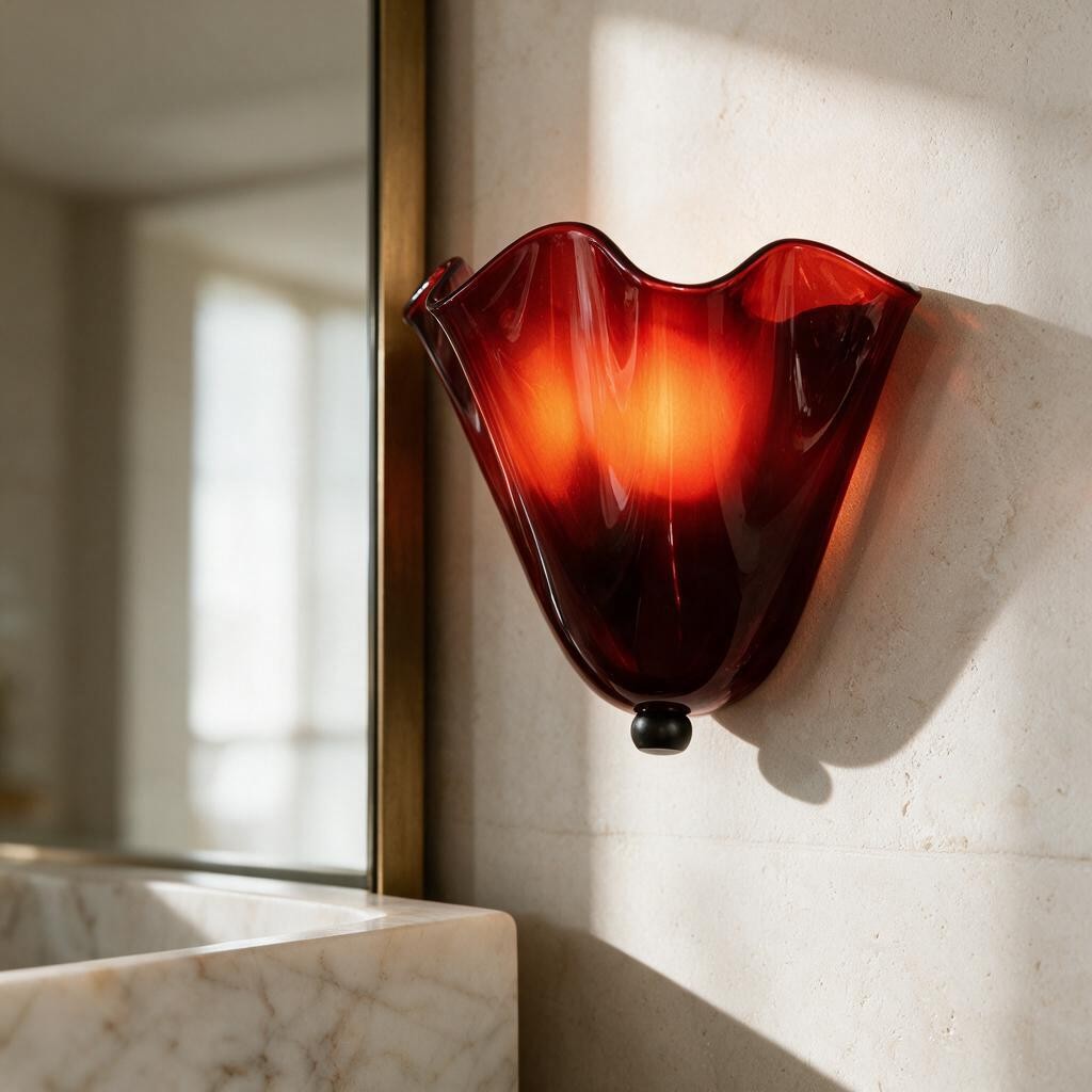 Applique murale en verre rouge ONDA allumée sur un mur clair, à côté d'un miroir et d'une vasque en marbre – Ambiance Éclat