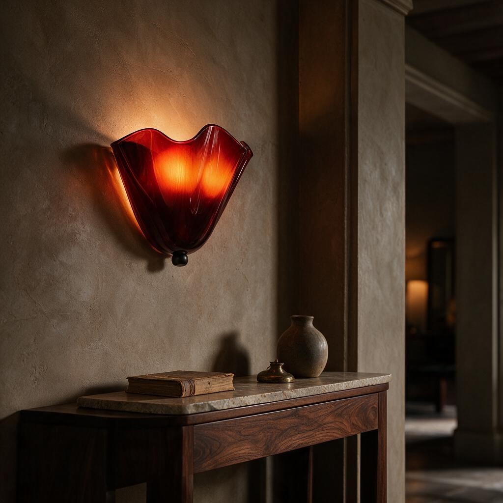 Applique murale en verre rouge ONDA éclairant un mur enduit au-dessus d'une console en bois – Ambiance Éclat