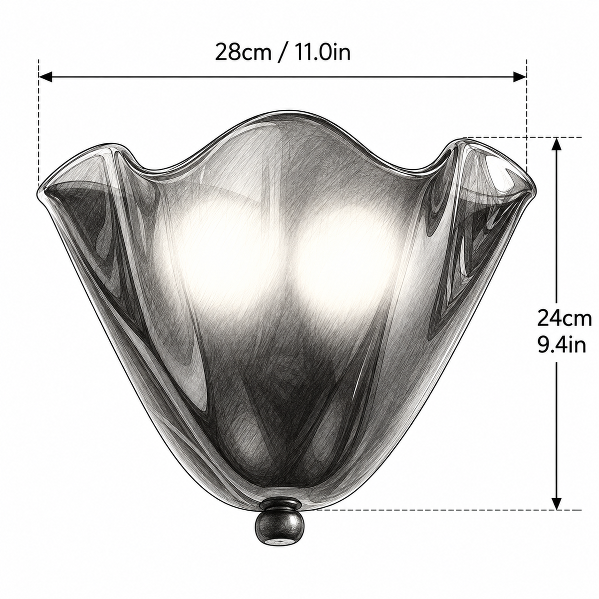 Schéma coté de l'applique murale en verre ONDA : 28 cm de large sur 24 cm de haut – Ambiance Éclat Image