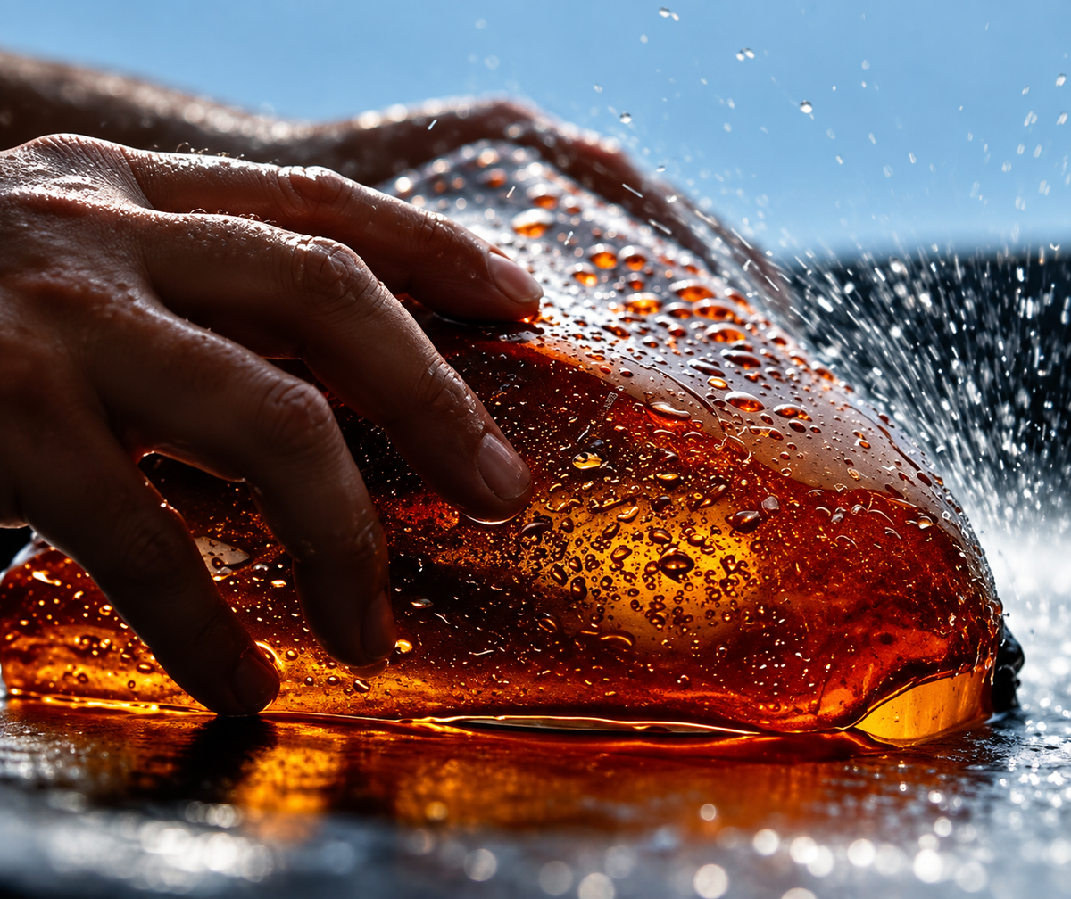 Main effleurant le verre ambré de l'applique ONDA sous un ruissellement d'eau – Ambiance Éclat