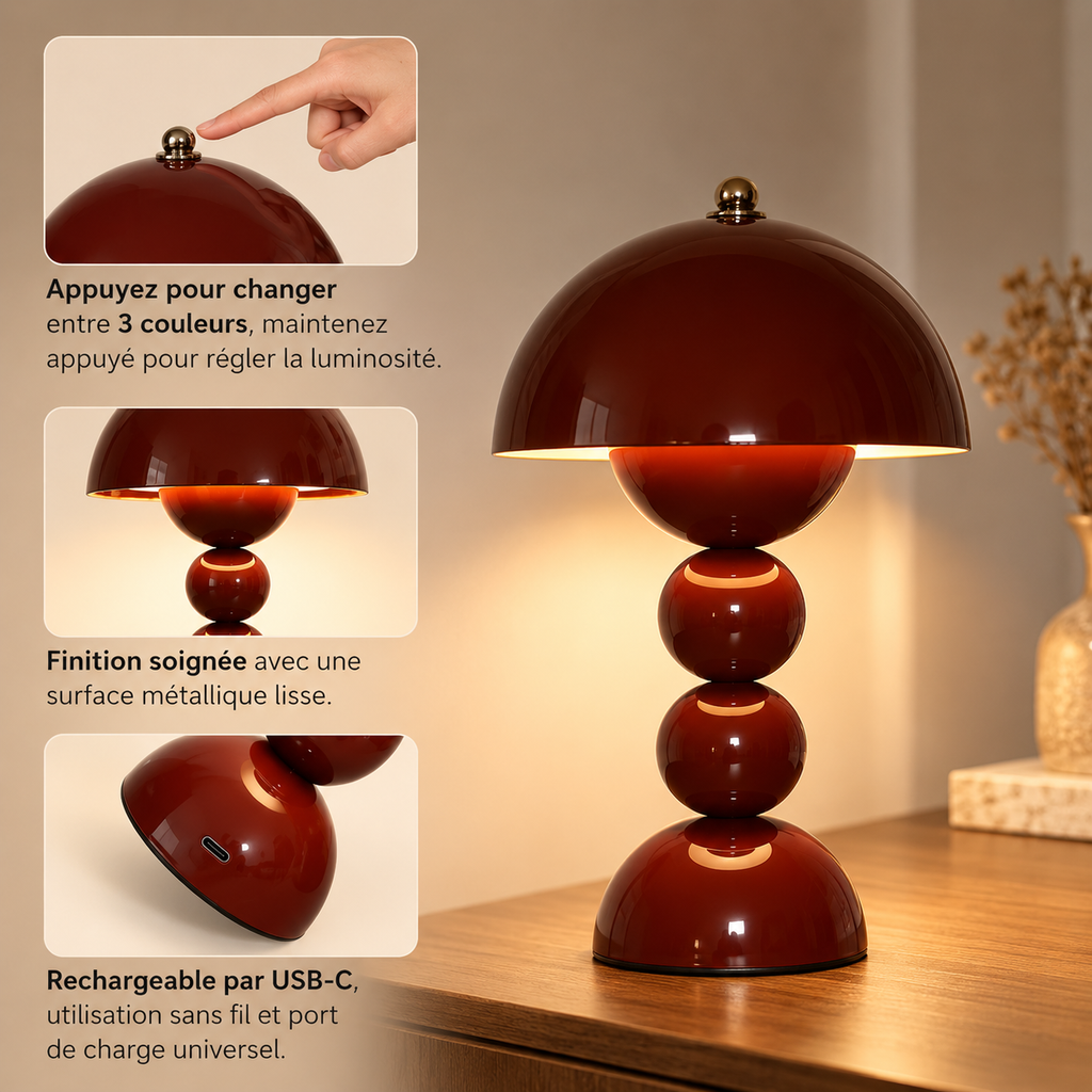Détail de la finition de AMBRA, lampe de chevet sans fil en métal