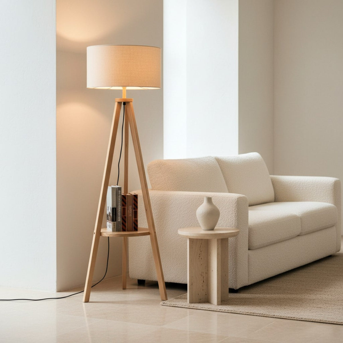 Lampadaire trépied en bois SVEA installé dans un intérieur