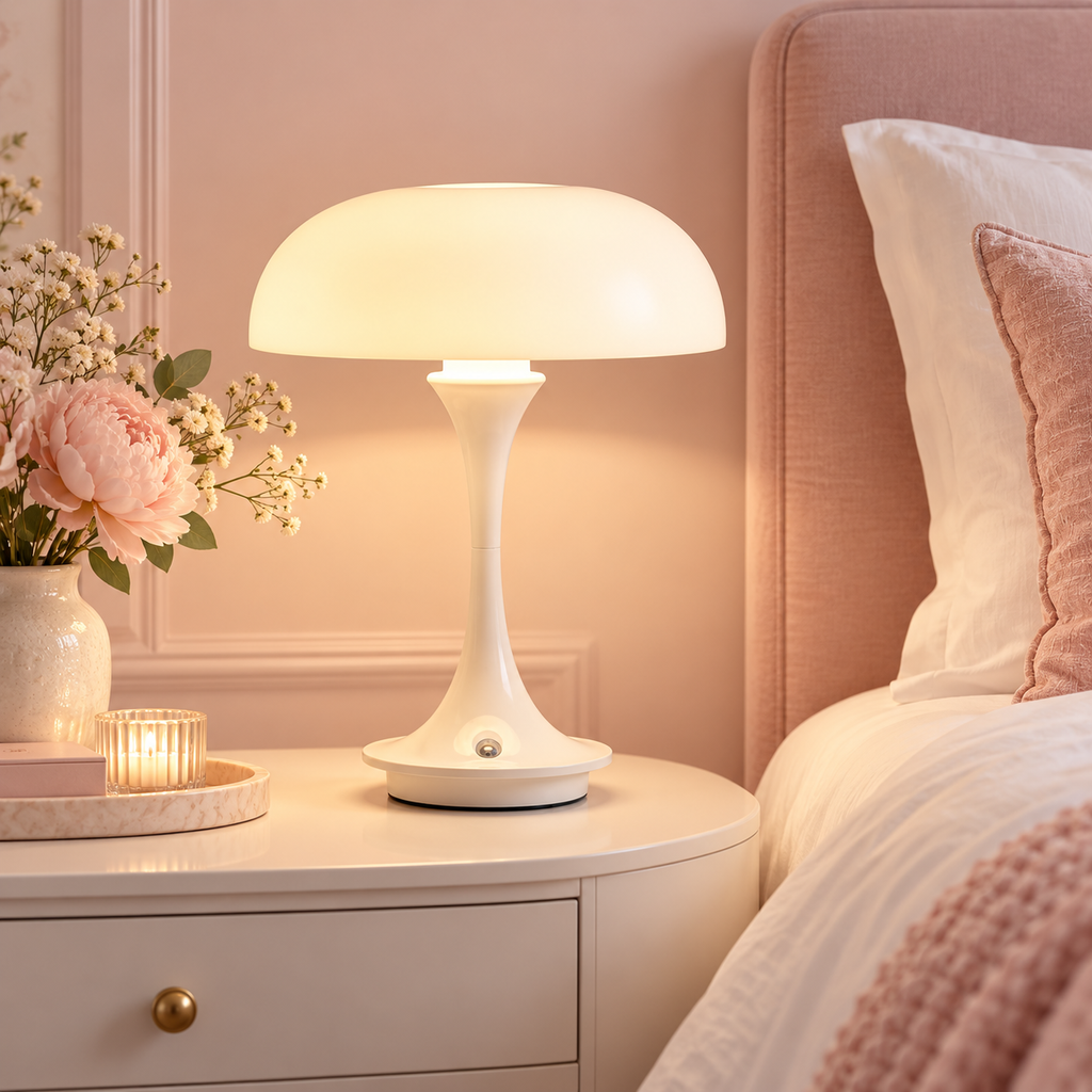 Lampe de chevet champignon LUMA installée dans un intérieur