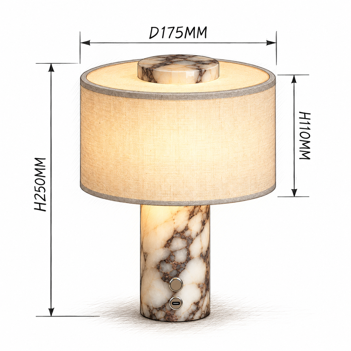 Schéma coté de la lampe de chevet VIOLA : 25 cm de haut, abat-jour Ø 17,5 cm sur 11 cm – Ambiance Éclat Image