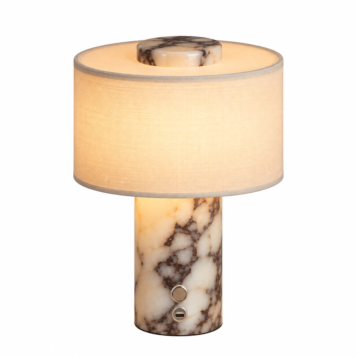 Lampe de chevet en marbre VIOLA allumée, vue de face sur fond blanc – Ambiance Éclat