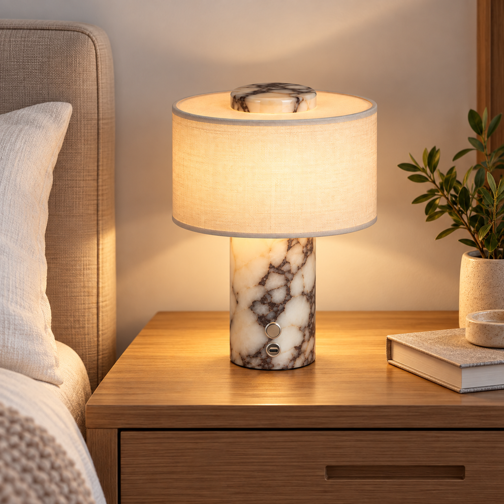 Lampe de chevet en marbre VIOLA allumée sur une table de nuit en bois, à côté d'un lit – Ambiance Éclat