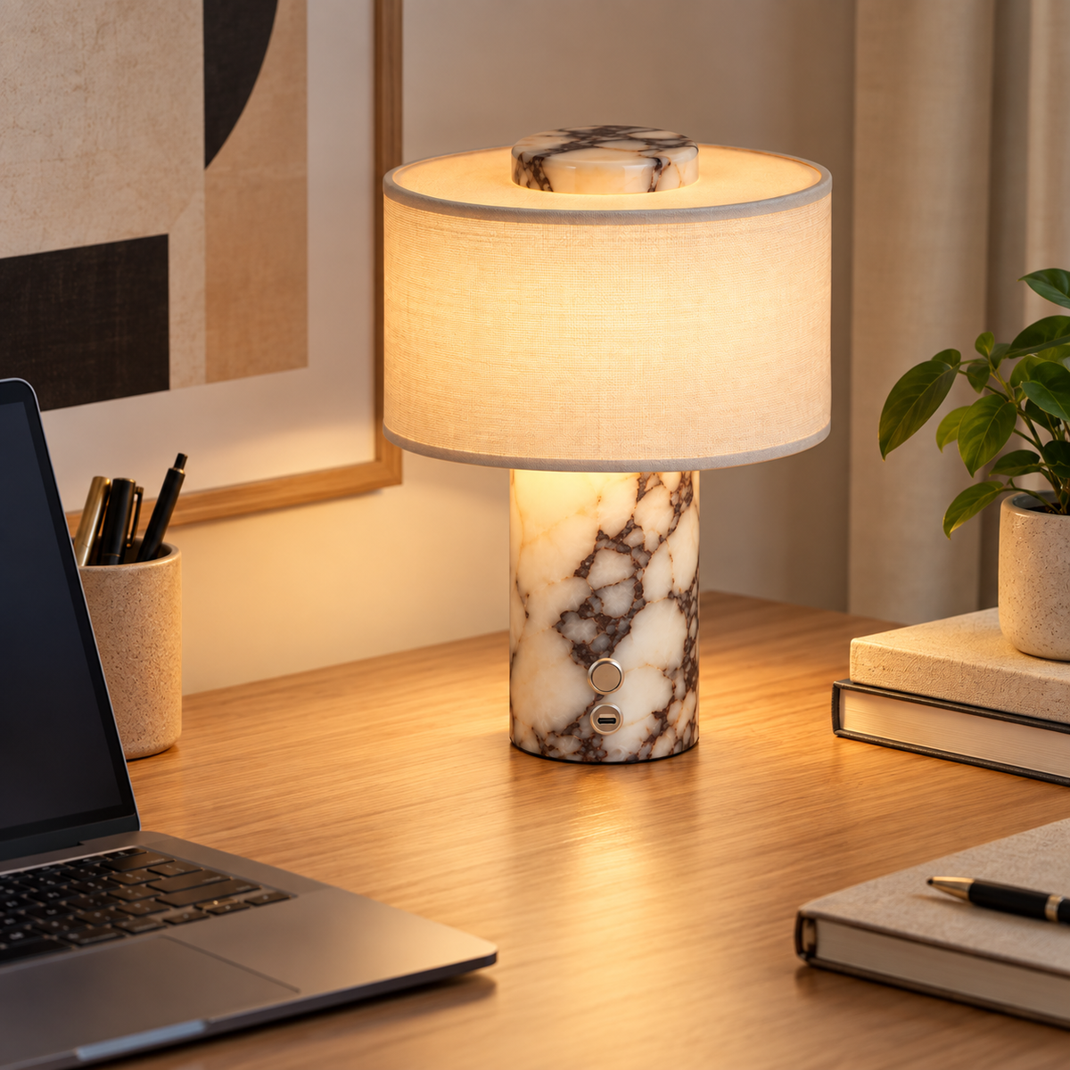 Lampe de chevet en marbre VIOLA posée sur un bureau, près d'un ordinateur portable – Ambiance Éclat