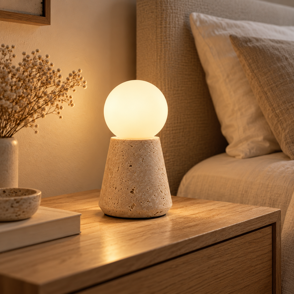 Lampe de chevet en travertin MILO 20 cm allumée sur une table de nuit en bois – Ambiance Éclat