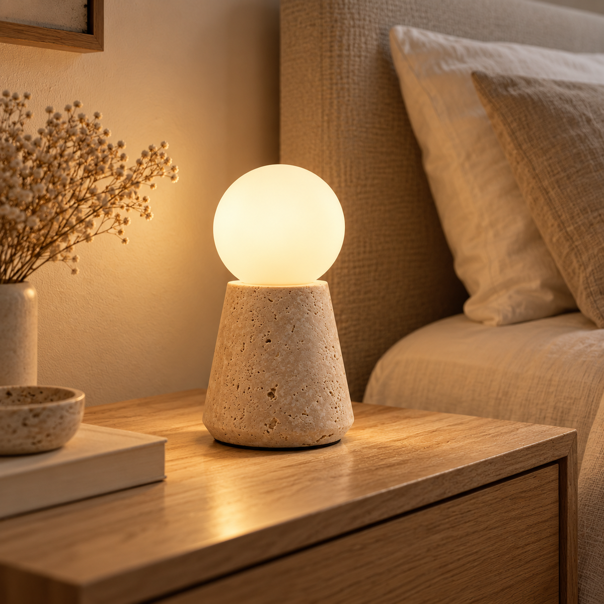 Lampe de chevet en travertin MILO 20 cm allumée sur une table de nuit en bois – Ambiance Éclat