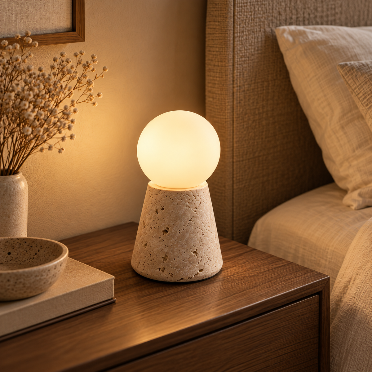 Lampe de chevet en travertin MILO 20 cm posée au chevet d'un lit, près d'un bouquet séché – Ambiance Éclat