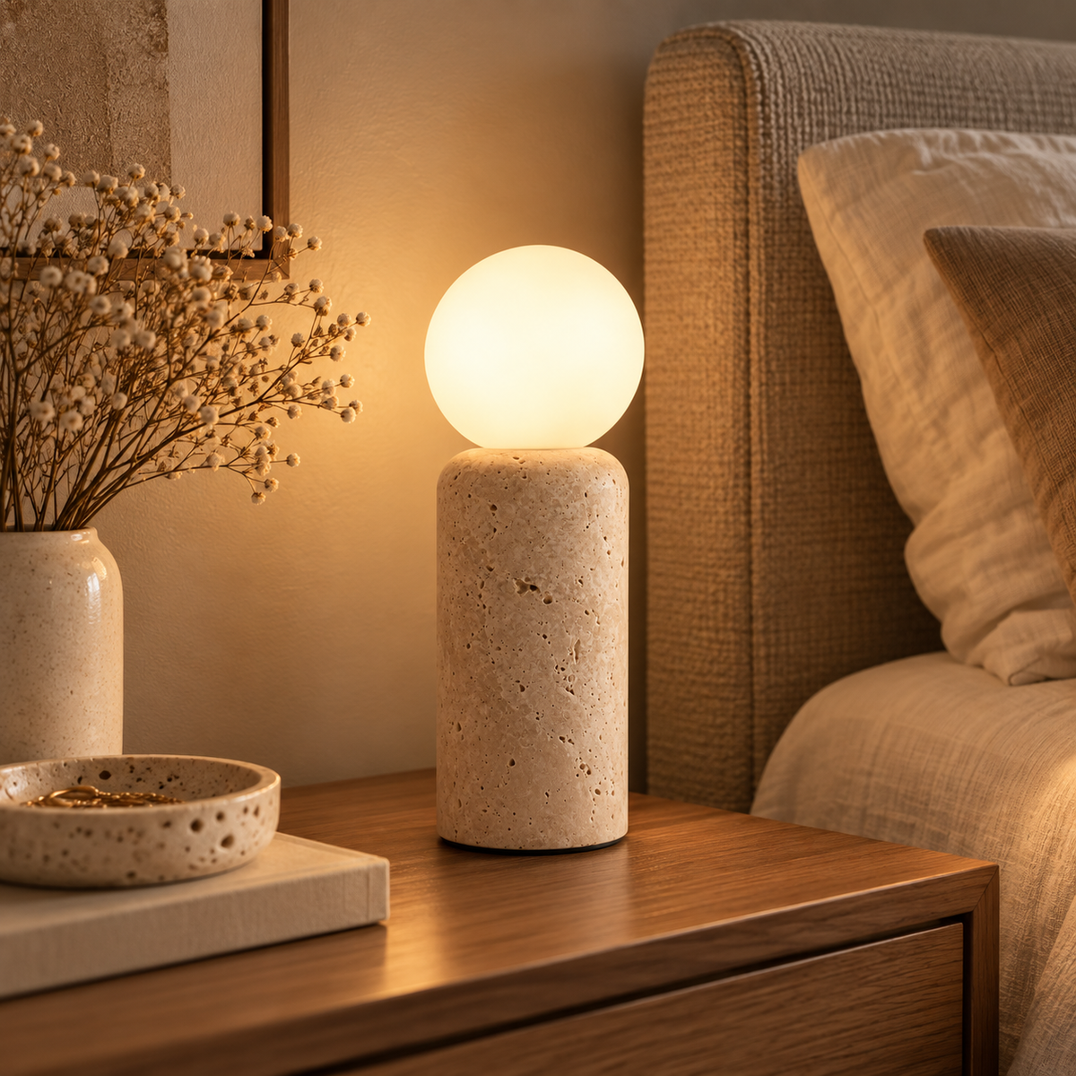 Lampe de chevet en travertin MILO 30 cm allumée sur une table de nuit, devant une tête de lit en tissu – Ambiance Éclat