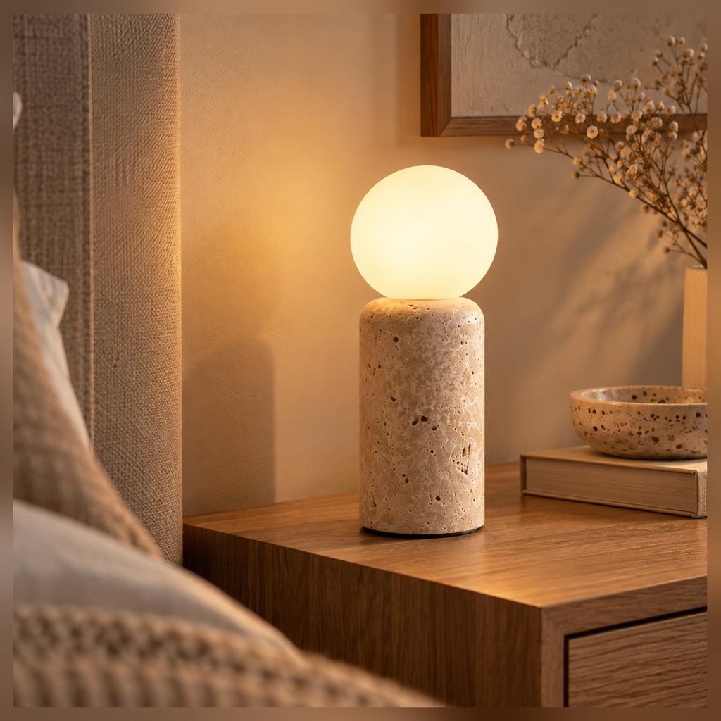 Lampe de chevet en travertin MILO 30 cm éclairant un coin de chambre – Ambiance Éclat