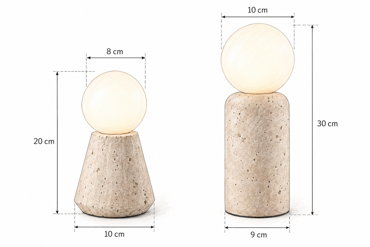 Schéma coté des deux tailles de la lampe MILO : 20 cm sur socle Ø 10 cm et 30 cm sur socle Ø 9 cm – Ambiance Éclat Image