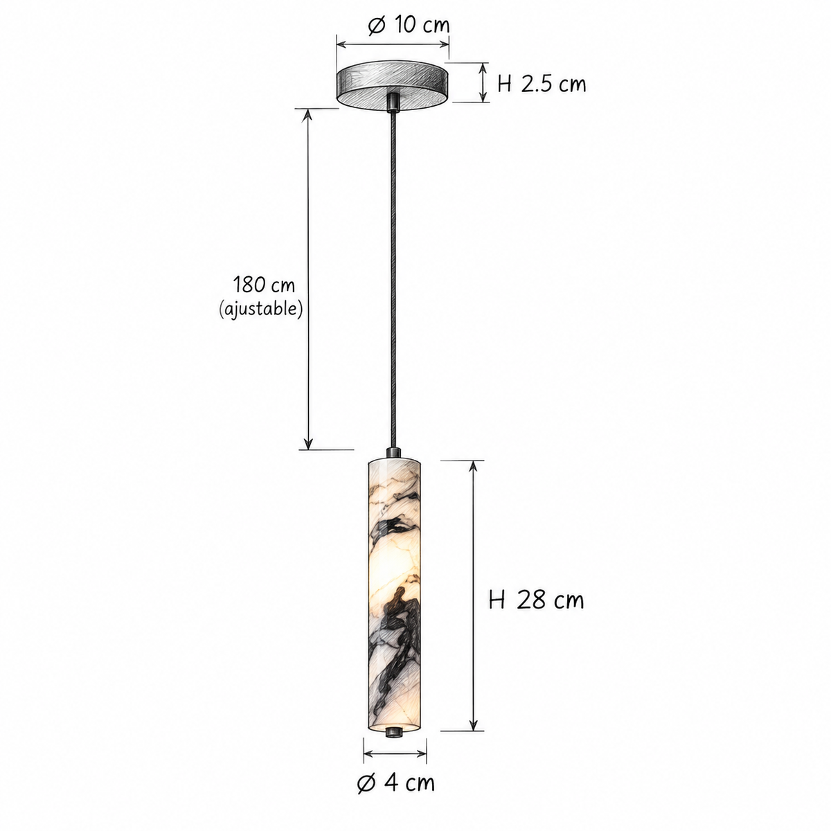Schéma coté de la suspension en albâtre STELA : tube Ø 4 cm sur 28 cm, câble 180 cm ajustable, rosace Ø 10 cm – Ambiance Éclat Image