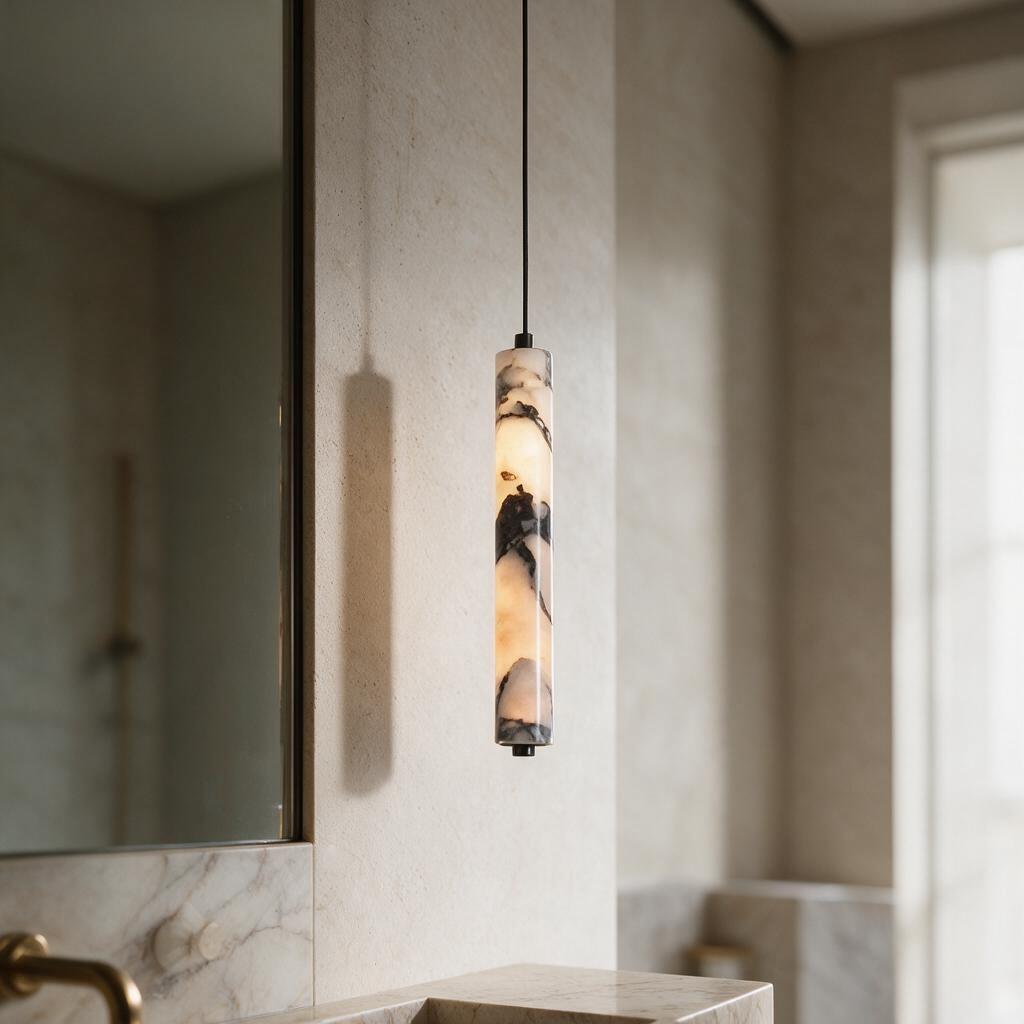 Suspension cylindrique en albâtre STELA allumée dans une salle de bain, à côté d'un miroir – Ambiance Éclat