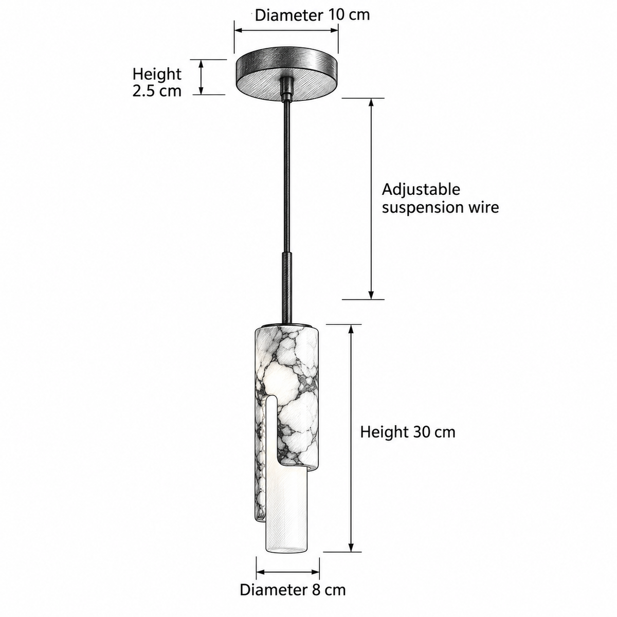 Schéma coté de la suspension en albâtre VENA : abat-jour Ø 8 cm sur 30 cm de haut, rosace Ø 10 cm, câble réglable – Ambiance Éclat Image
