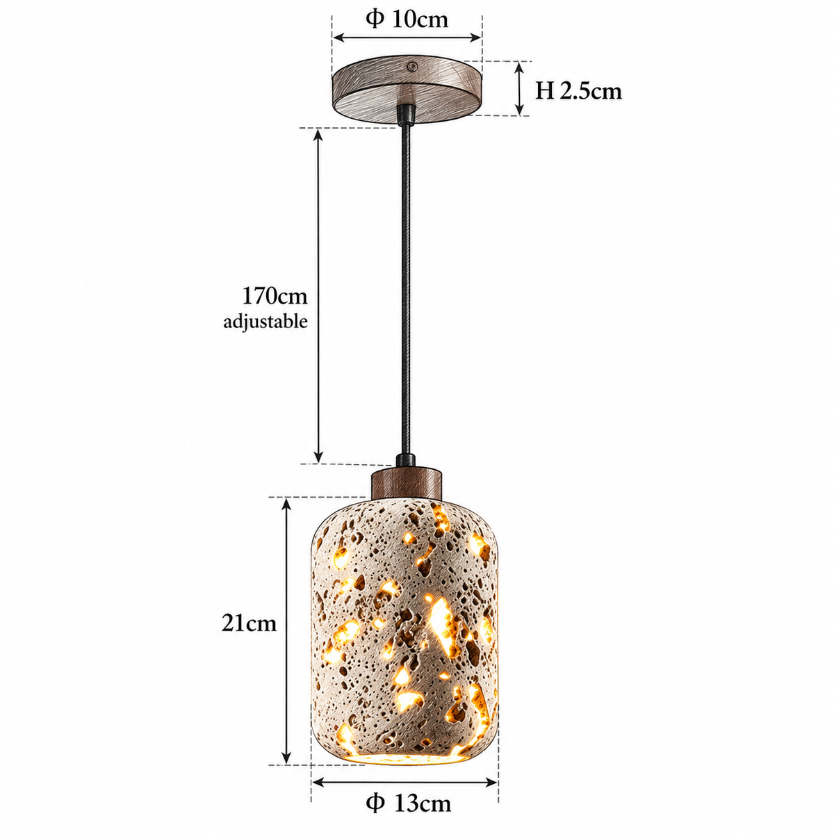 Schéma coté de la suspension en travertin CAVA : abat-jour Ø 13 cm sur 21 cm, câble 170 cm ajustable, rosace Ø 10 cm – Ambiance Éclat Image